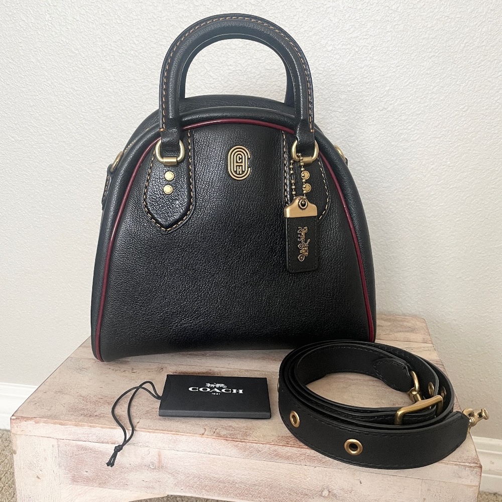 Coach Black Leather Dome Satchel with Red Trim